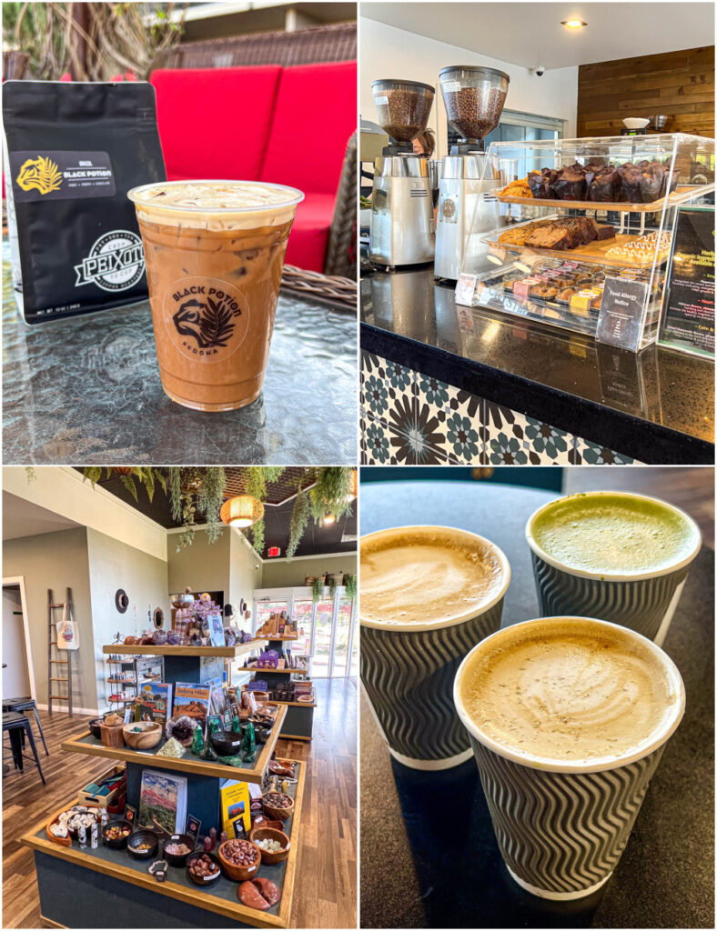 Four photo collage of Brigadeiro Cold Brew, pastries on display, crystals on shelves, and two lattes next to a matcha.
