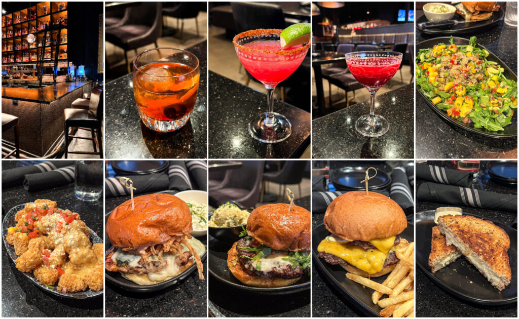 Ten photo collage of a bar, Old Fashioned, Desert Heat cocktail, Lucid Dreams mocktail, bowl of paradise, street tots, Pollo Poco Loco, Italian Stallion, Double Trouble, and grilled cheese at Butterfly Burger.