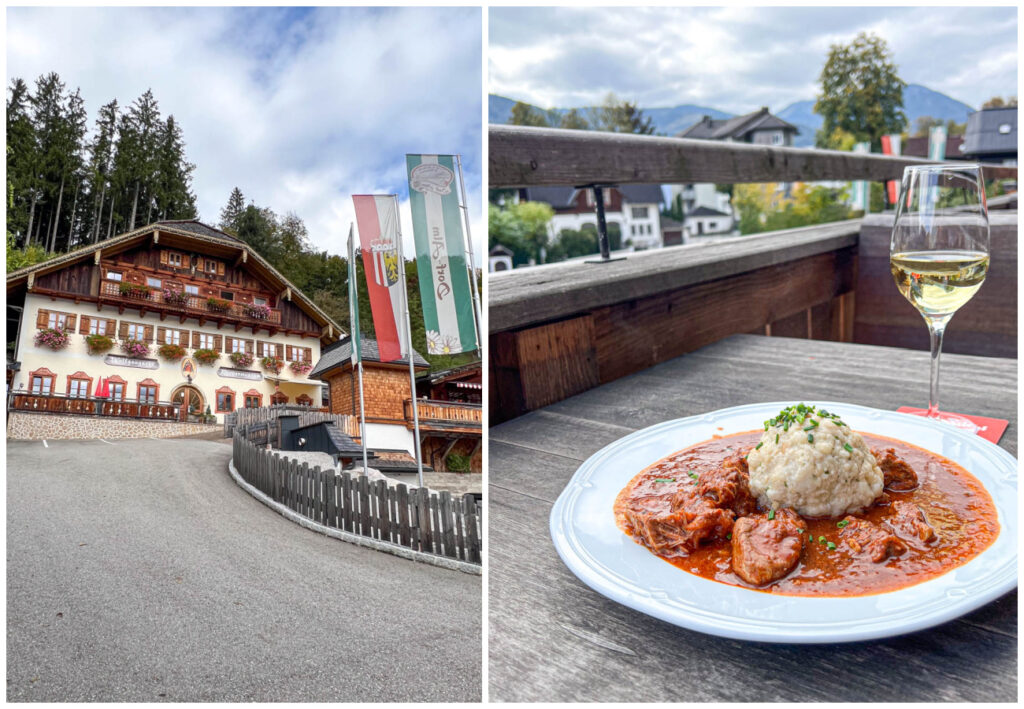 Two photo collage of entrance to Dorf-Alm zu St. Wolfgang building lined with hanging flowers and a plate of Rindsgulasch and bread dumplings.