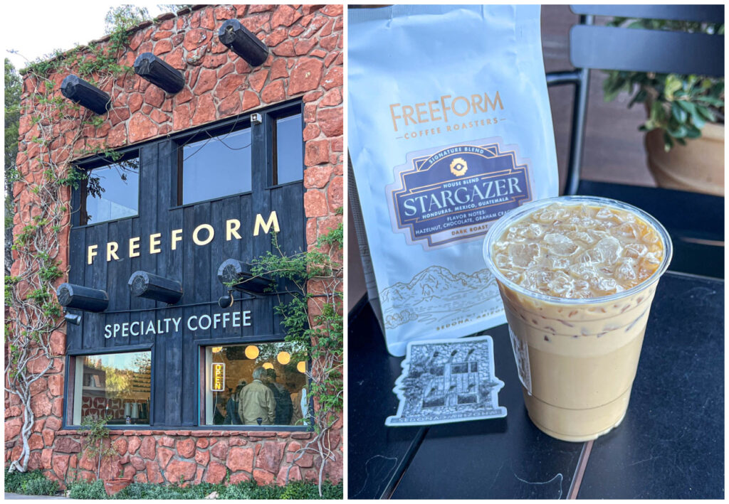 Two photo collage of entrance to FreeForm Coffee and a Salted Maple Latte next to a bag of coffee beans and a FreeForm Coffee sticker.