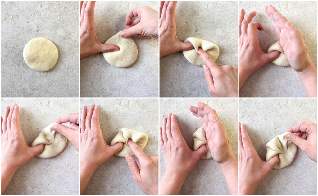 Eight photo collage of folding a round of dough into the Kaisersemmel star shape using hands and folding in each part.