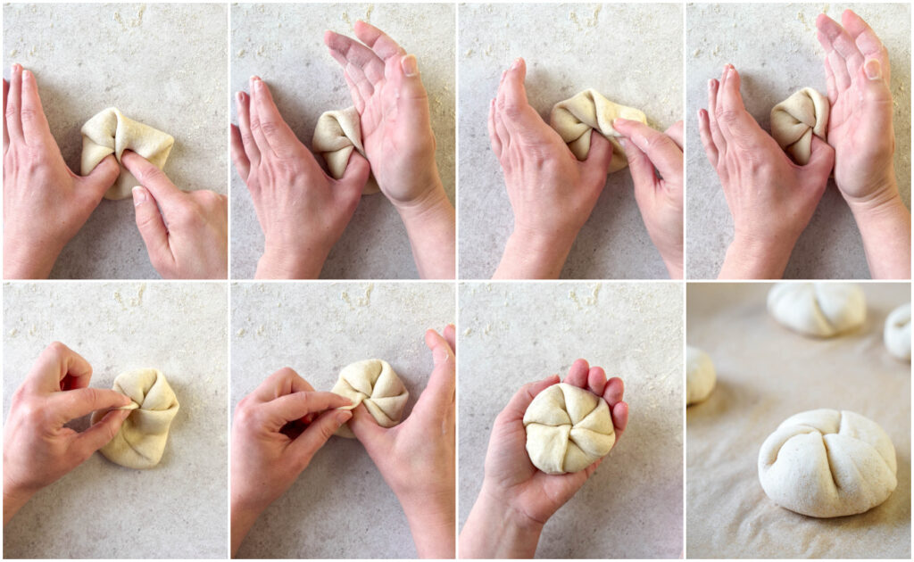 Eight photo collage of folding a round of dough into the Kaisersemmel star shape using hands and folding in each part.