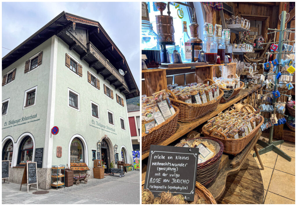 Two photo collage of light green building and herbs in baskets at St. Wolfganger Kräuterhaus.