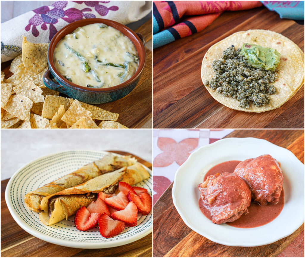 Chile con Queso (Spicy Cheese), Tacos de Chorizo Verde (Green Chorizo Tacos), Marquesitas (Crispy Crepe Rolls), and Mole Rosa (Pink Mole).