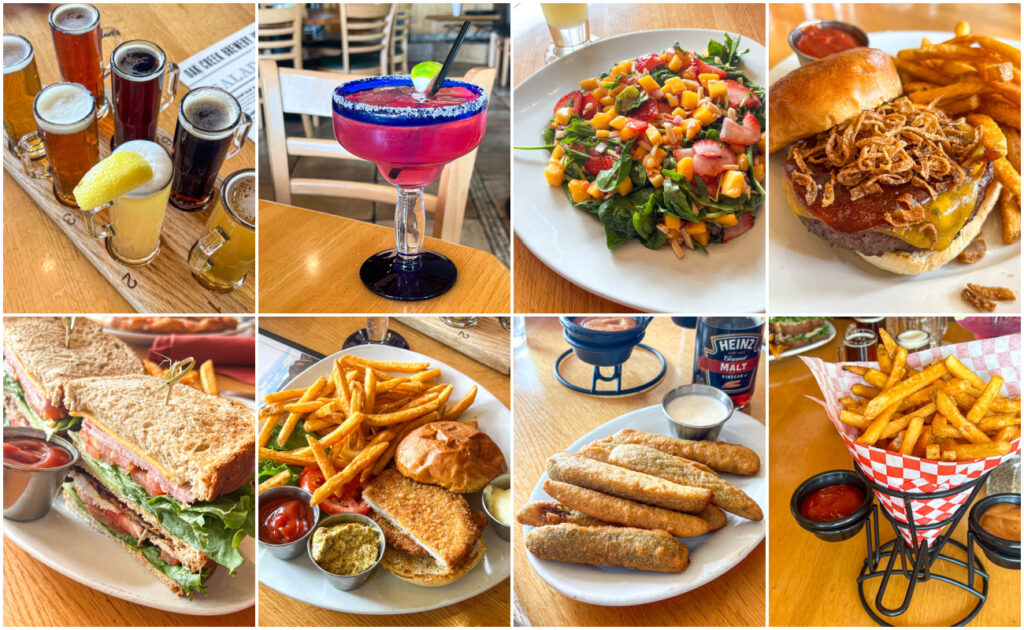 Eight photo collage of beer flight, Prickly Pear Margarita, mango spinach salad, burger, sandwich, schnitzel sandwich, fried pickles, and French fries at Oak Creek Brewery.