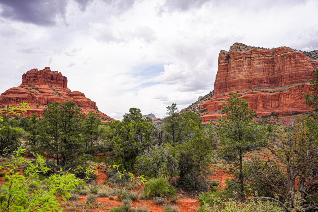 Two red rocks in Sedona behind trees.