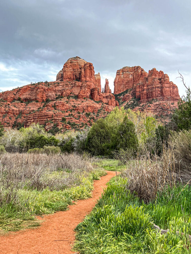 A dirt path with trees and red rocks in the background in Sedona.