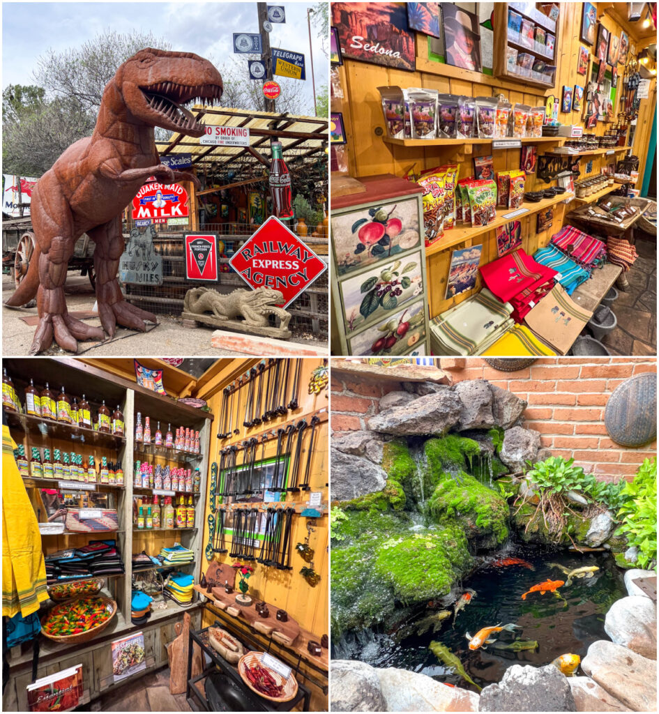 Four photo collage of t-rex statue, bags of chilies on a shelf, bottles of sauce, and a koi pond at Son Silver West Galleries.