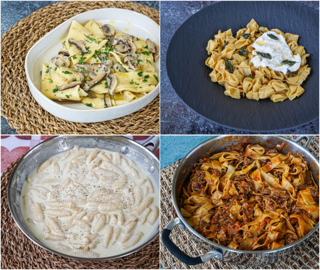 Fazzoletti in a Wild Mushroom Sauce with Ricotta; Sorpresine with Brown Butter, Crispy Basil & Burrata; Quattro Formaggi Cavatelli; and Tagliatelle Bolognese.