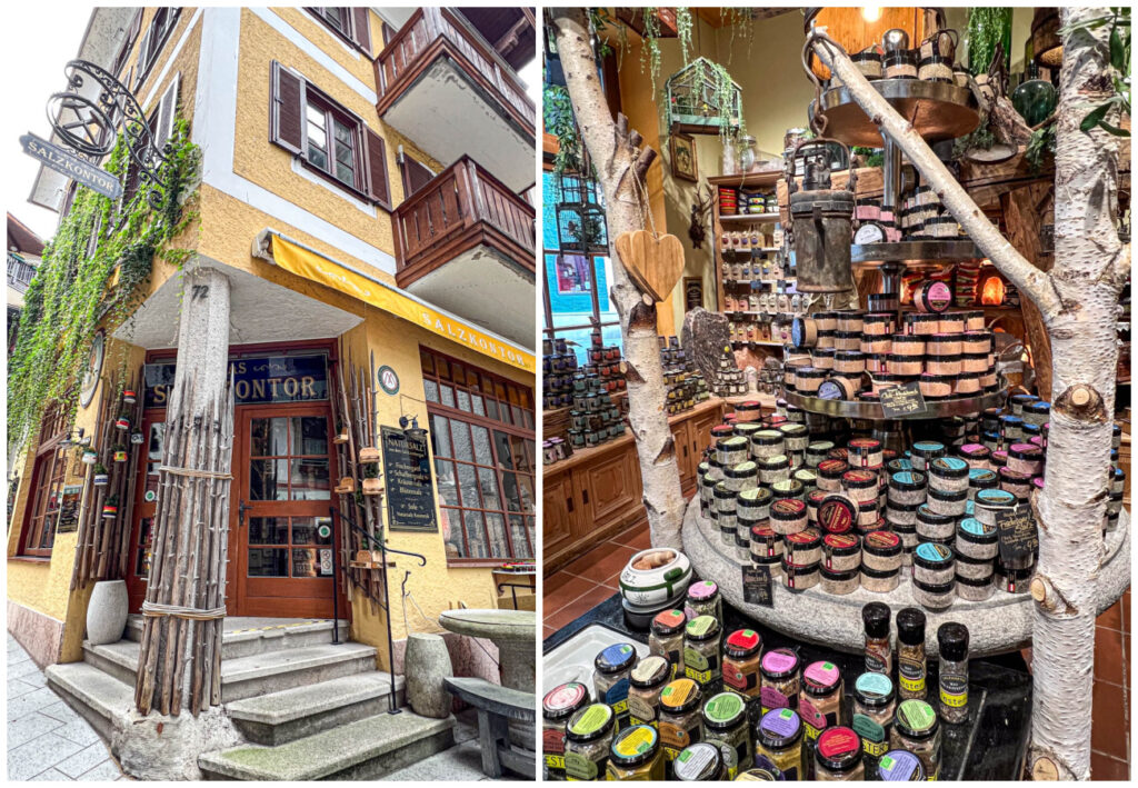 Two photo collage of entrance to Das Salzkontor and jars of salt on shelves.