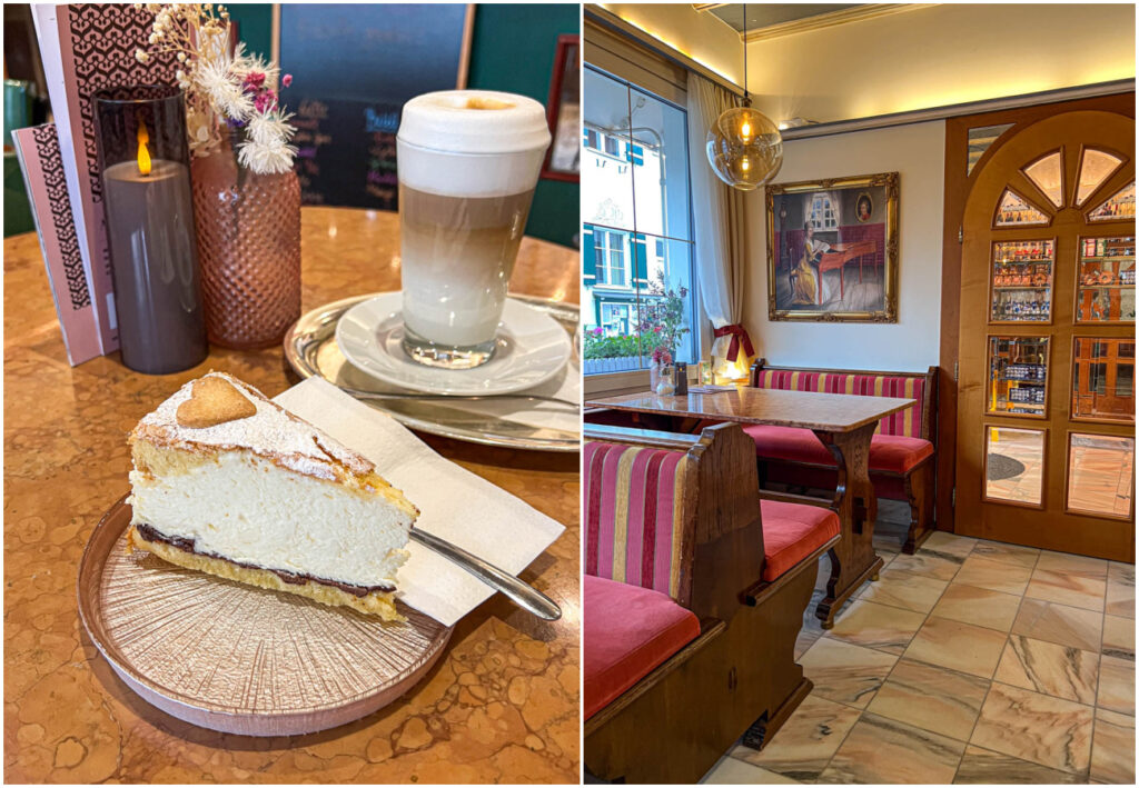 Two photo collage of Topfentorte and Latte Macchiato at Genuss Cafe.