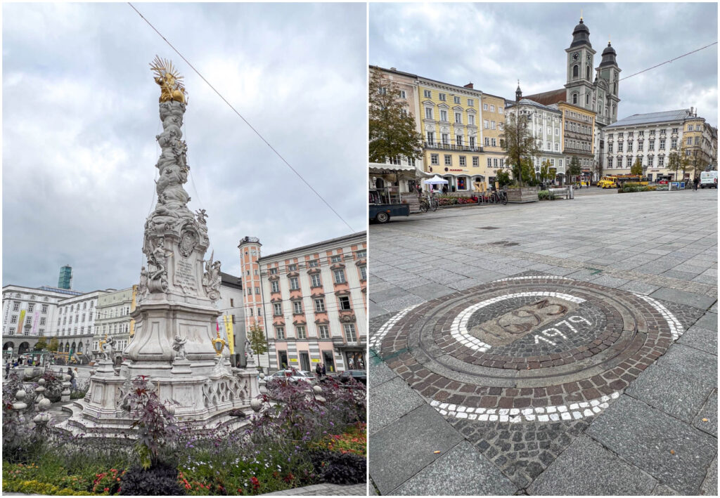 Two photo collage of stone statue and 1693/1979 design in ground at Hauptplatz in Linz.