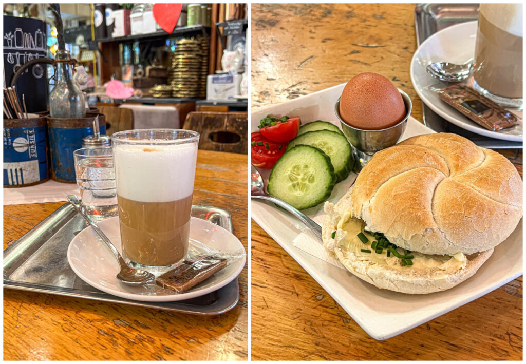 Two photo collage of Latte Macchiato and buttered roll on a plate with a soft boiled egg, cucumbers, and tomato slices.