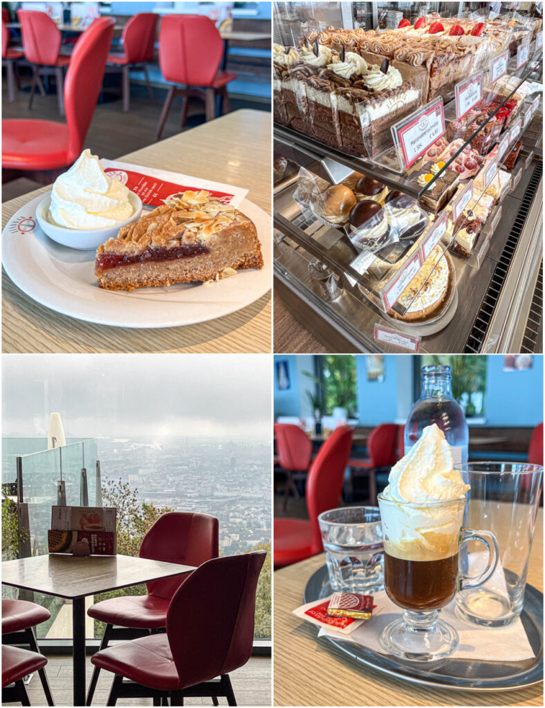 Four photo collage of Linzer Torte, pastries in a case, seating with view of Linz in the background, and Einspänner at Konditorei Jindrak.