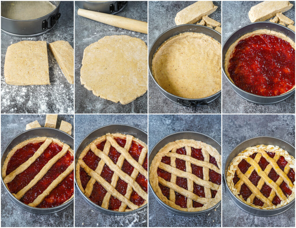 Eight photo collage of dough on a floured surface, dough rolled into a circle, dough in springform pan, dough covered in jelly, and forming a lattice pattern across the top.