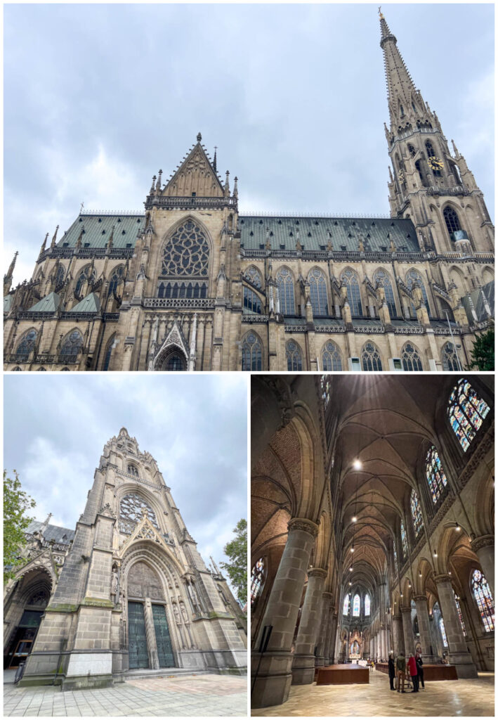 Three photo collage of the outside of Mariendom, entrance with tall tower, and interior with stone columns and stained glass windows.