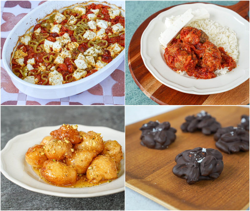 Bouyiourdi (Baked Feta with Tomato and Pepper), Soutzoukakia (Pork and Beef Meatballs in Tomato Sauce), Loukoumades (Honey Puffs with Pistachios), and Dark Chocolate-Coated Almond Clusters.
