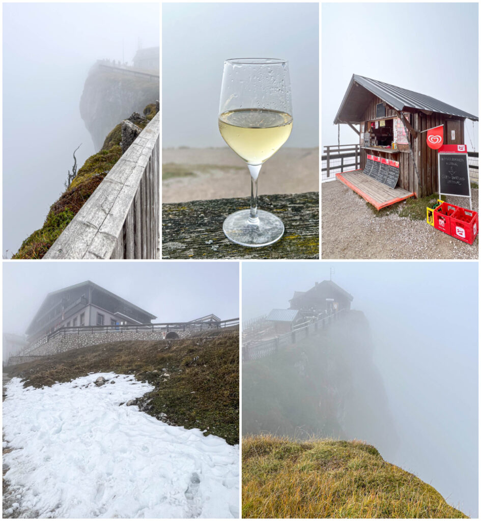 Five photo collage of fog along a cliff, glass of white wine, food hut, snow along a walkway, and more fog at Schafberg.
