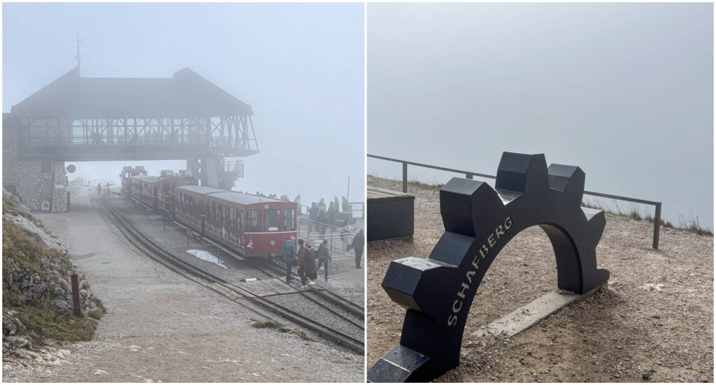 Two photo collage of SchafbergBahn and Schafberg sign.