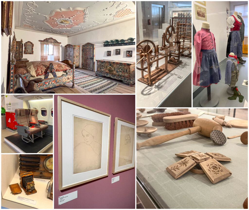 Seven photo collage of bedroom, plane seats, camera, Klimt drawings, butter mold, loom, and Austrian clothing at Schlossmuseum Linz.