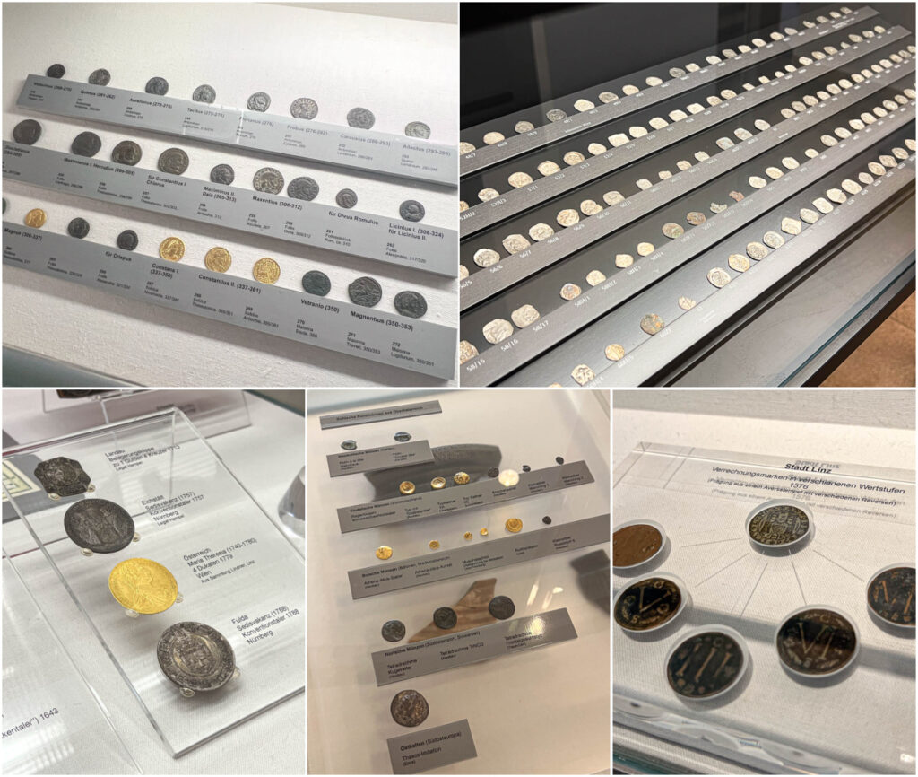Five photo collage of coins on display at Schlossmuseum Linz.