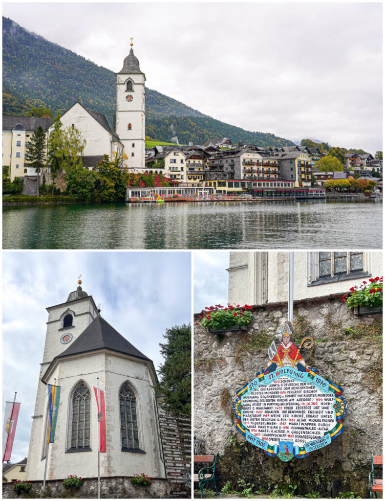 Three photo collage of waterfront view of St Wolfgang Church, large windows along the church wall, and St Wolfgang church sign.
