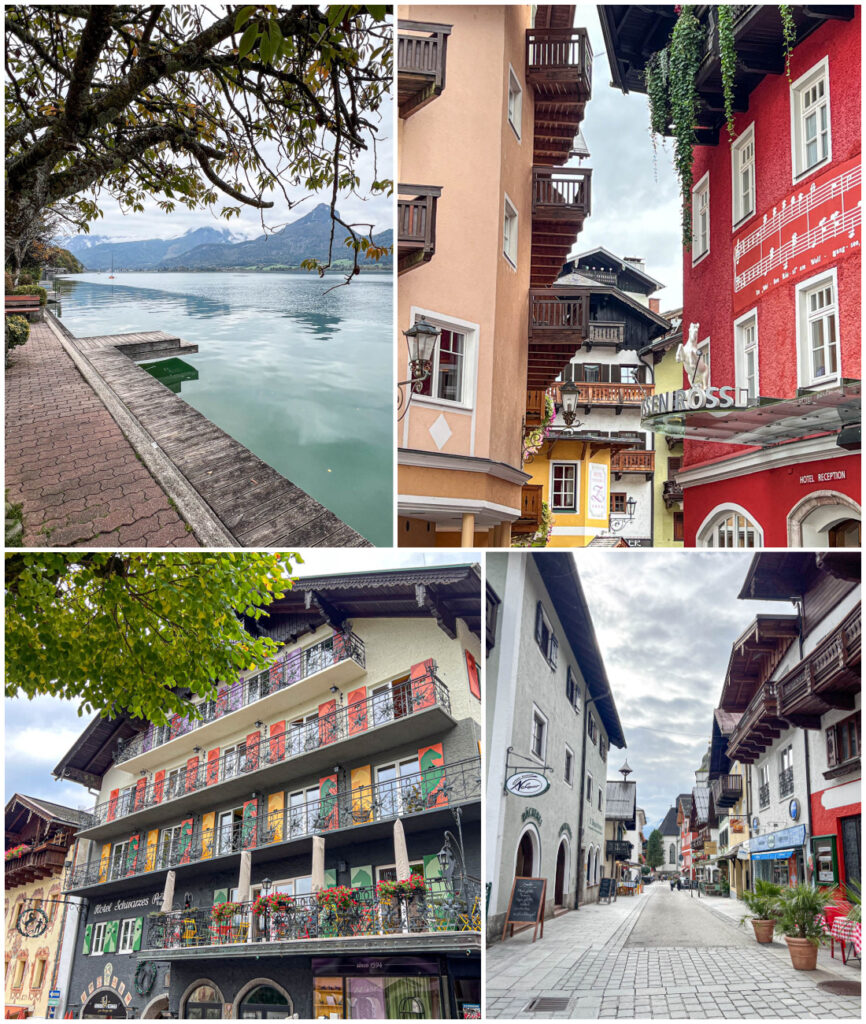 Four photo collage of walkway along the water, a red building, a black and white building, and street in St. Wolfgang.