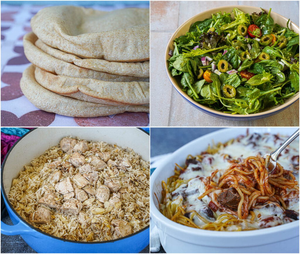 Arabic Bread (Kmaj), Tanoreen Green Salad (Salata Khadra), Rice with Lamb and Pine Nuts (Mansaaf), and Beef-Baked Spaghetti (Sinniyat Macarona).