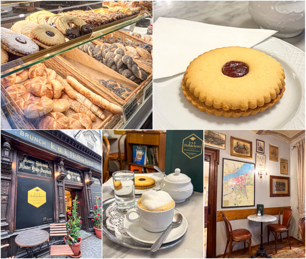 Five photo collage of bread and pastries on display, Linzer cookie on a plate, entrance to kuk Hofbäckerei, Melange in a cup, and two chairs next to a table with photo frames on a wall.
