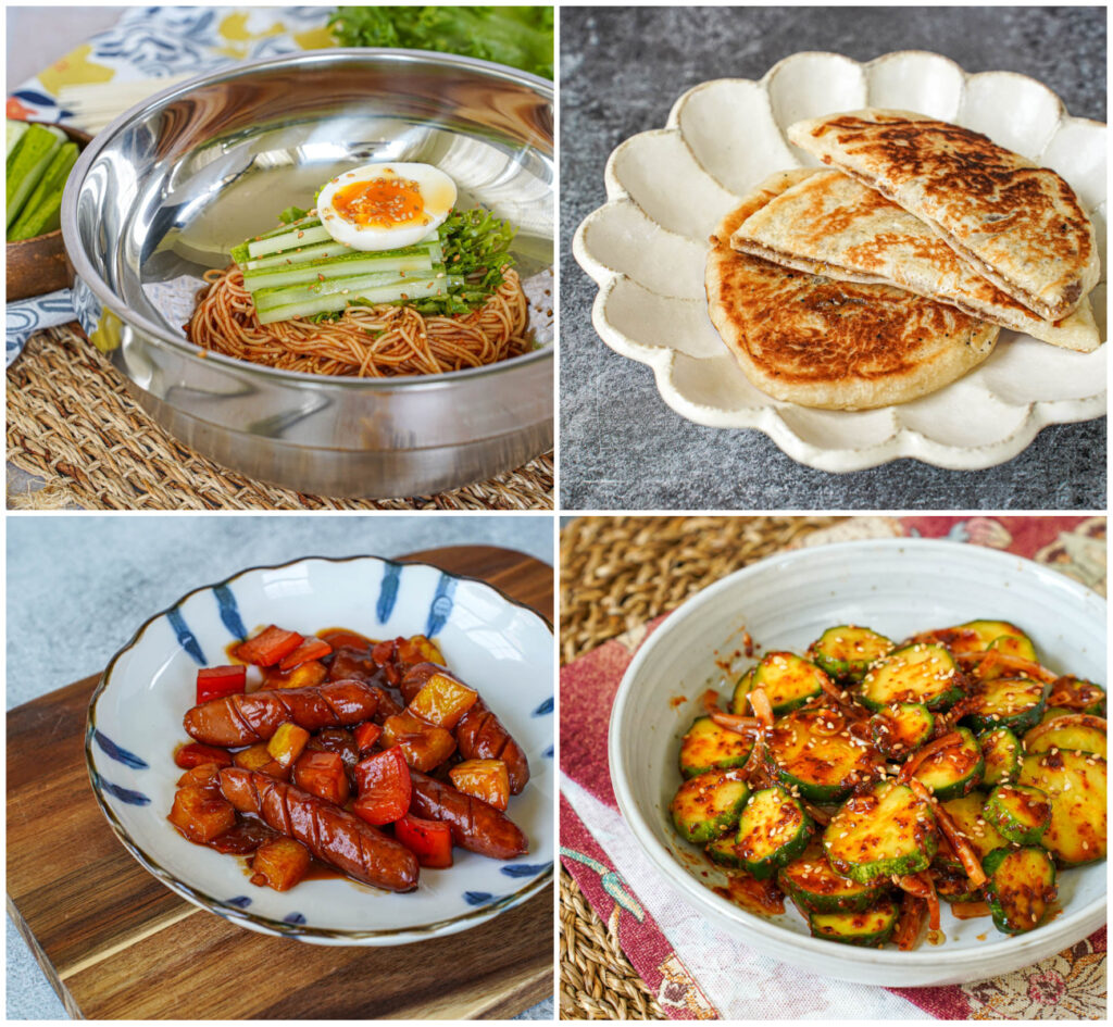 Bibim-Guksu (Spicy Noodles), Hotteok (Syrup-Filled Sweet Pancakes), Sosiji Yachae Bokkeum (Stir-Fried Sausage with Vegetables), and Oi Muchim (Cucumber Salad).