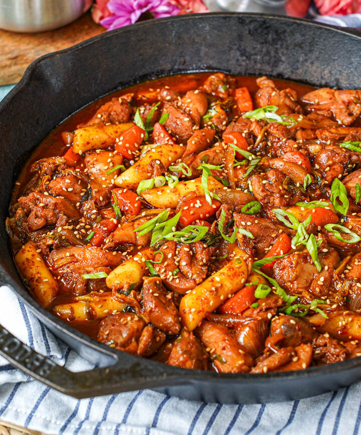 Dakgalbi (Spicy Stir-Fried Chicken) in a cast iron pan.