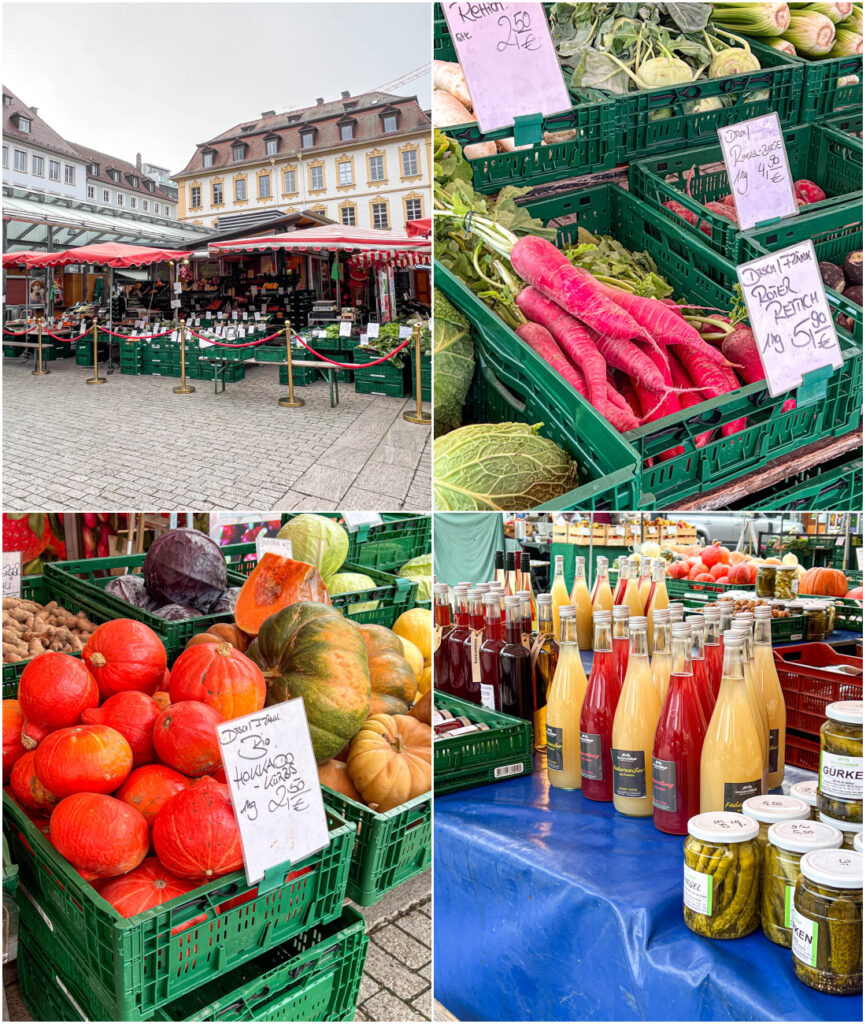 Four photo collage of market stalls, radishes, pumpkins, and wine in Würzburg.