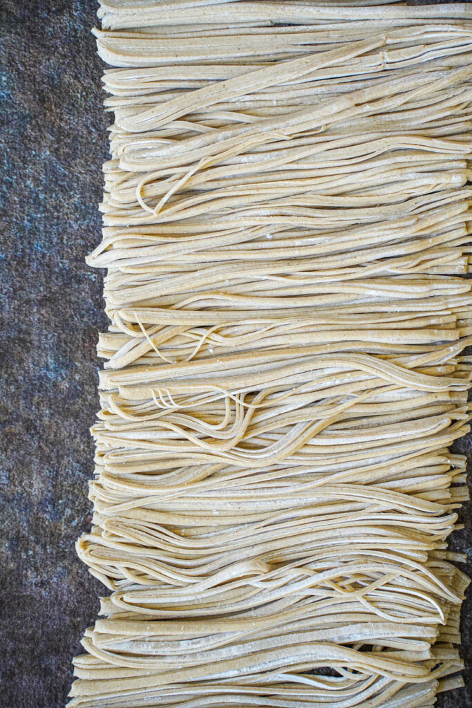 Aerial view of freshly cut Homemade Soba.