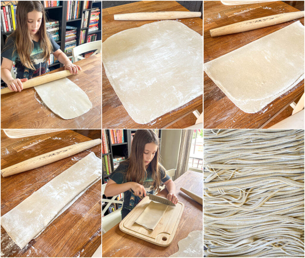 Six photo collage of girl rolling dough, dough rolled into a thin sheet, sheet folded in half, sheet folded in half again, and girl cutting the sheet into homemade soba.