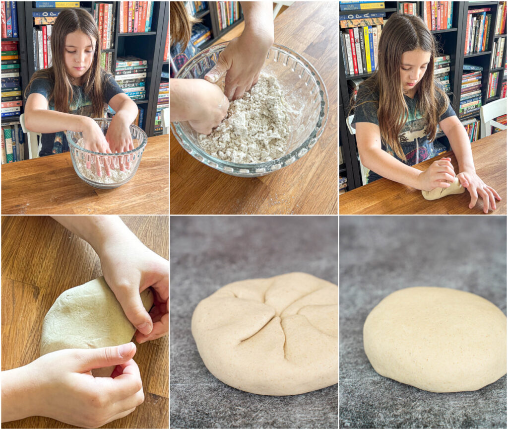 Six photo collage of girl mixing flour and water in bowl, kneading dough on wooden board, and a round of homemade soba dough.