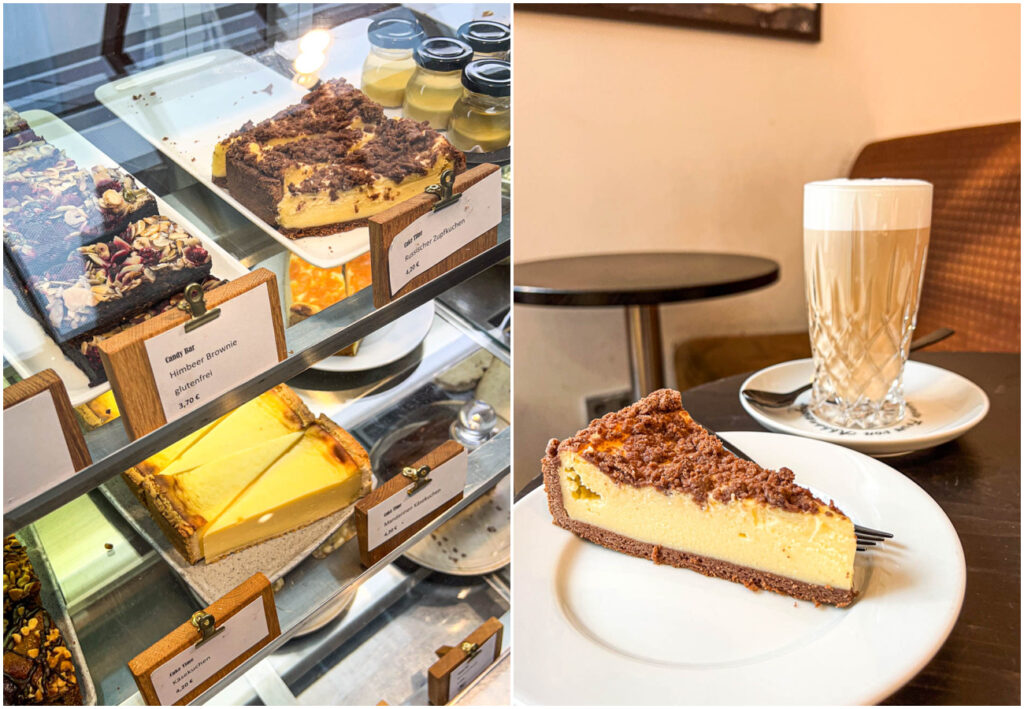 Two photo collage of cakes on display and a slice of Russischer Zupfkuchen next to a Latte Macchiato.