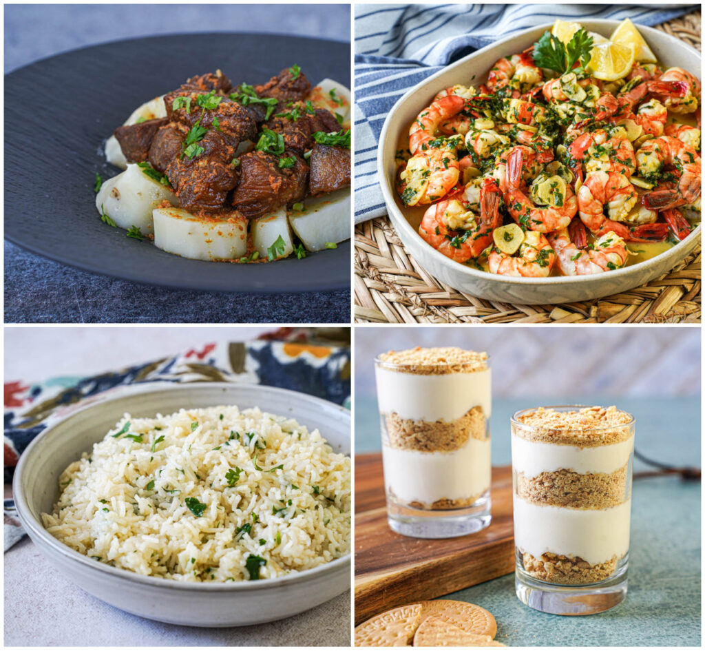 The Farmer's Succulent Pork, Classic Shrimp and Garlic, Cilantro Rice, and Sawdust Pudding.