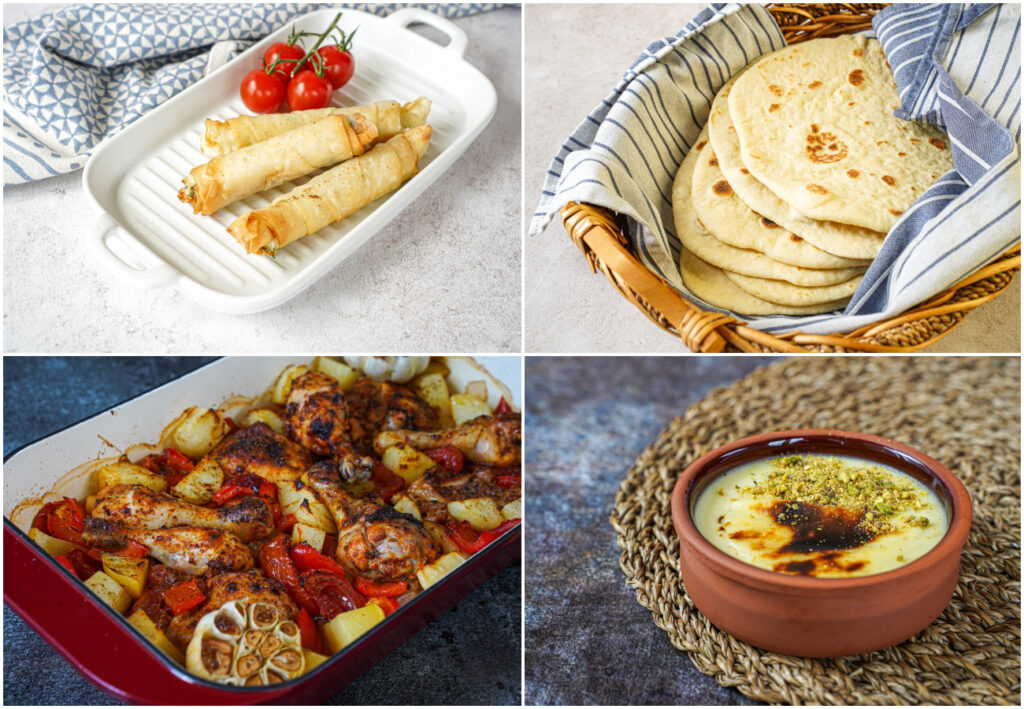Sigara Böreği (Rolled Cheese Fingers), Sütlü Ekmek (Milk Flatbreads), Fırında Tavuk (One-Pan Roast Chicken and Veg), and Süt Helvası (Turkish Milk Pudding).