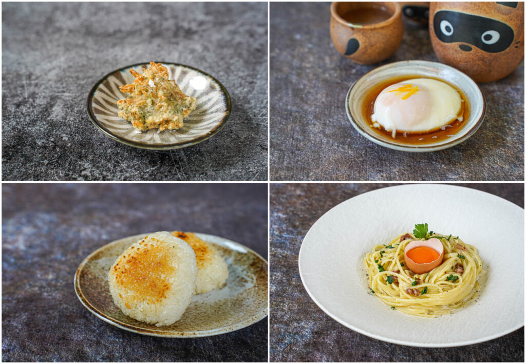Dried Shrimp and Green Nori Fritters, Slow-"Cooked" Eggs in Dashi, Fish Sauce-Grilled Rice Balls, and Deconstructed Carbonara.