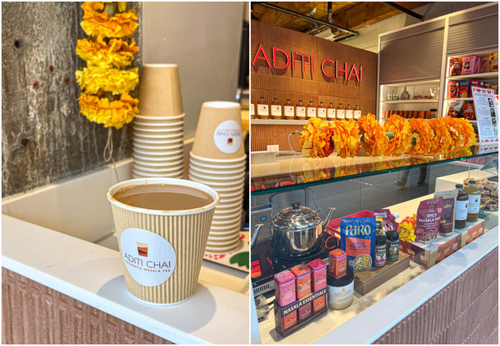 Two photo collage of Chai and pantry staples on display at Aditi Chai.