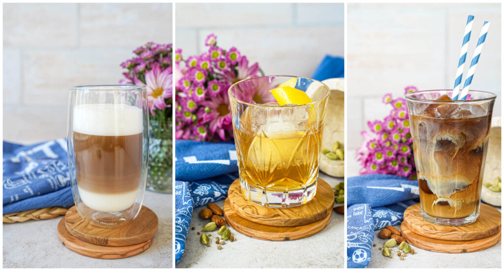 Three photo collage of Latte Macchiato, Old Fashioned, and Iced Coffee.