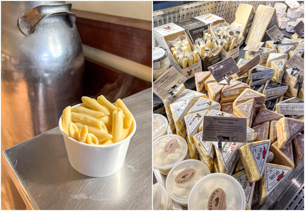 Two photo collage of a bowl of Mac and cheese and packaged cheese on display at Beecher's Handmade Cheese.