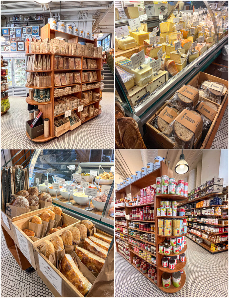 Four photo collage of pasta, cheese, bread, and sauces at DeLaurenti Food and Wine.