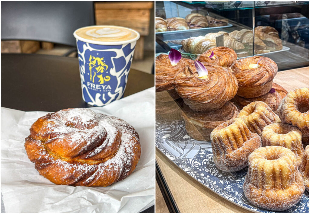 Two photo collage of cardamom twist, latte, and pastries on display at Freya.