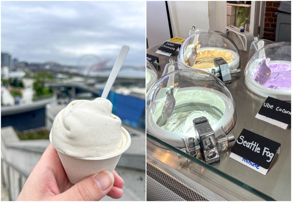Two photo collage of Vanilla Malt Cultured Gelato and gelato churning on display at Hellenika Cultured Creamery.