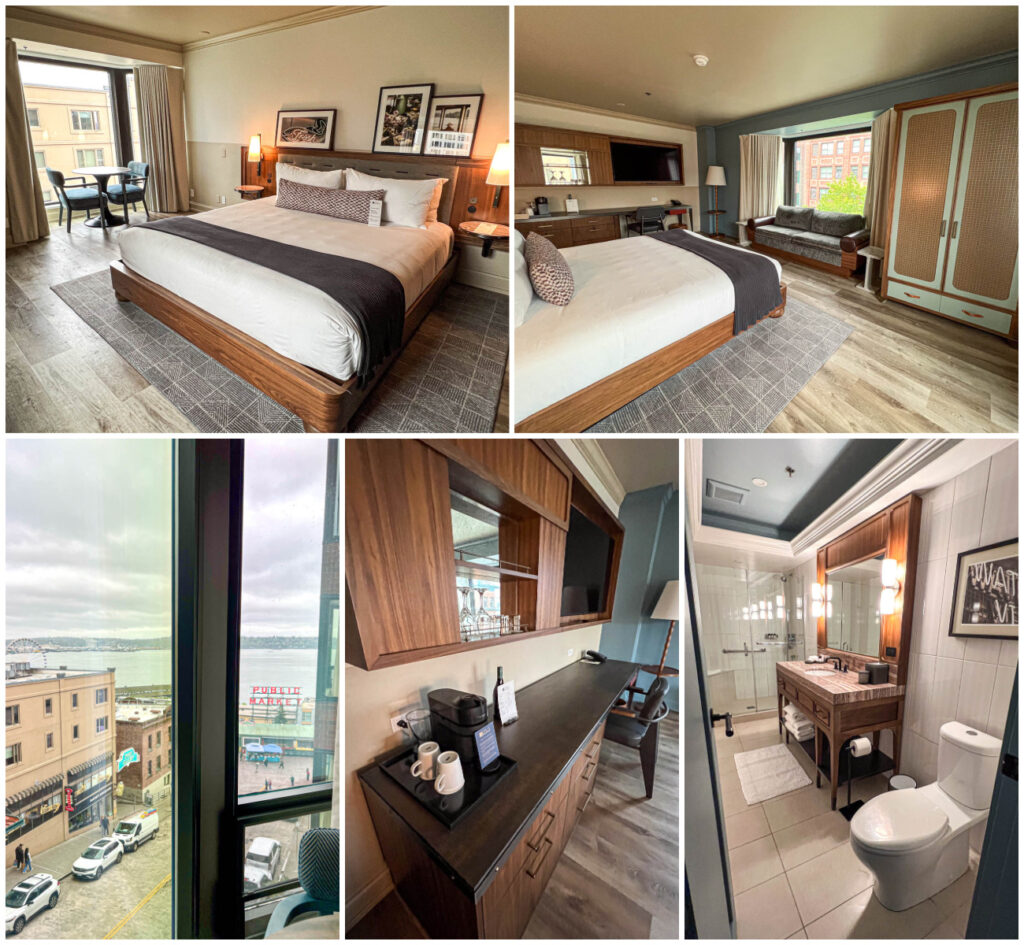 Five photo collage of bed, sofa, window with view of market, desk, and bathroom at Inn at the Market.