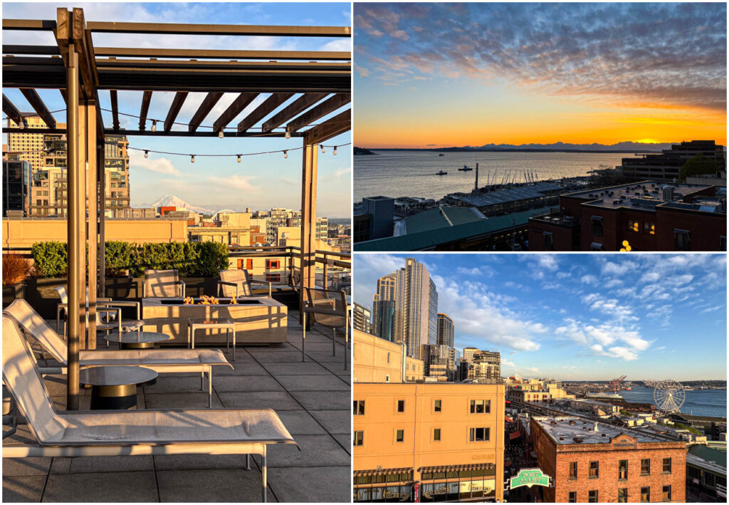 Three photo collage of lawn chairs, sunset, and buildings viewable from terrace at Inn at the Market.