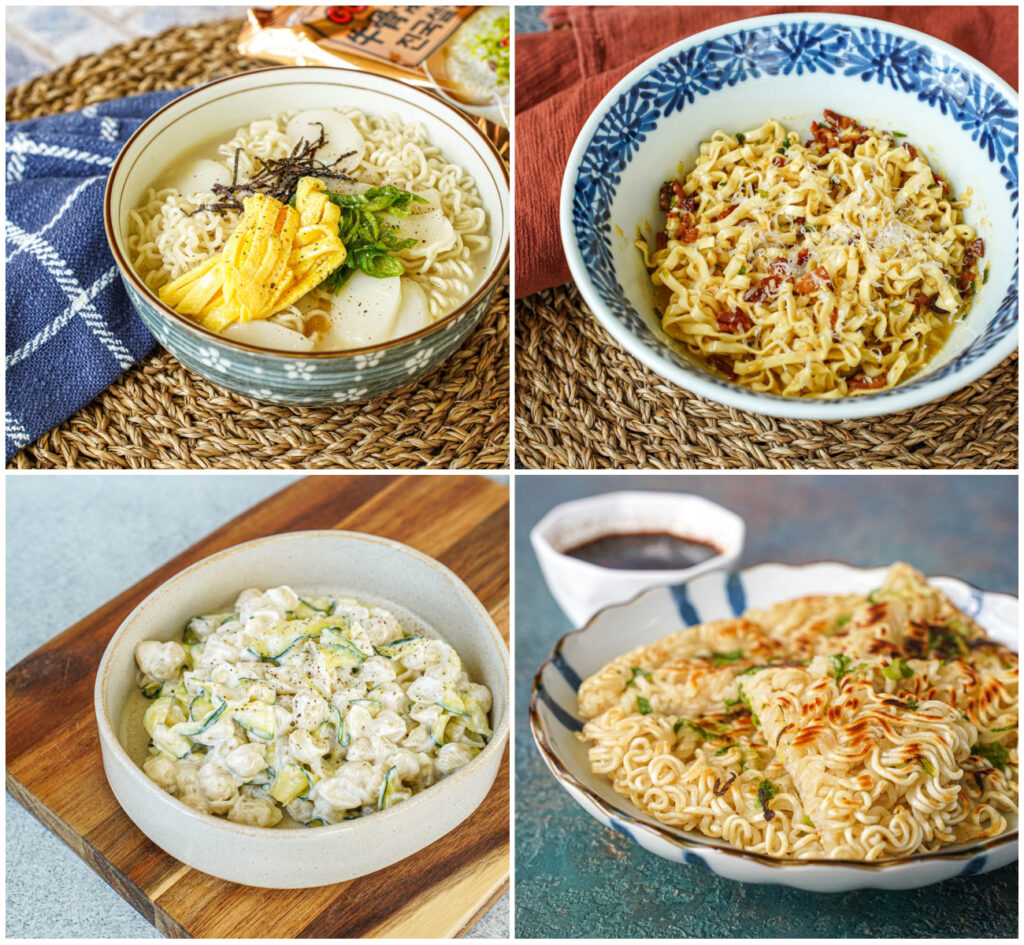 Tteok Mandu Ramyeon, Carbonara Ramyeon, Creamy Zucchini Mac & Cheese, and Ramyeon Scallion Pancake.
