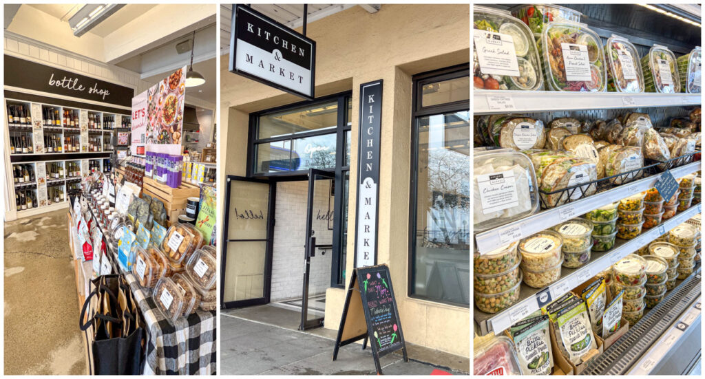 Three photo collage of packaged food, wine, salads, and entrance at Kitchen and Market.
