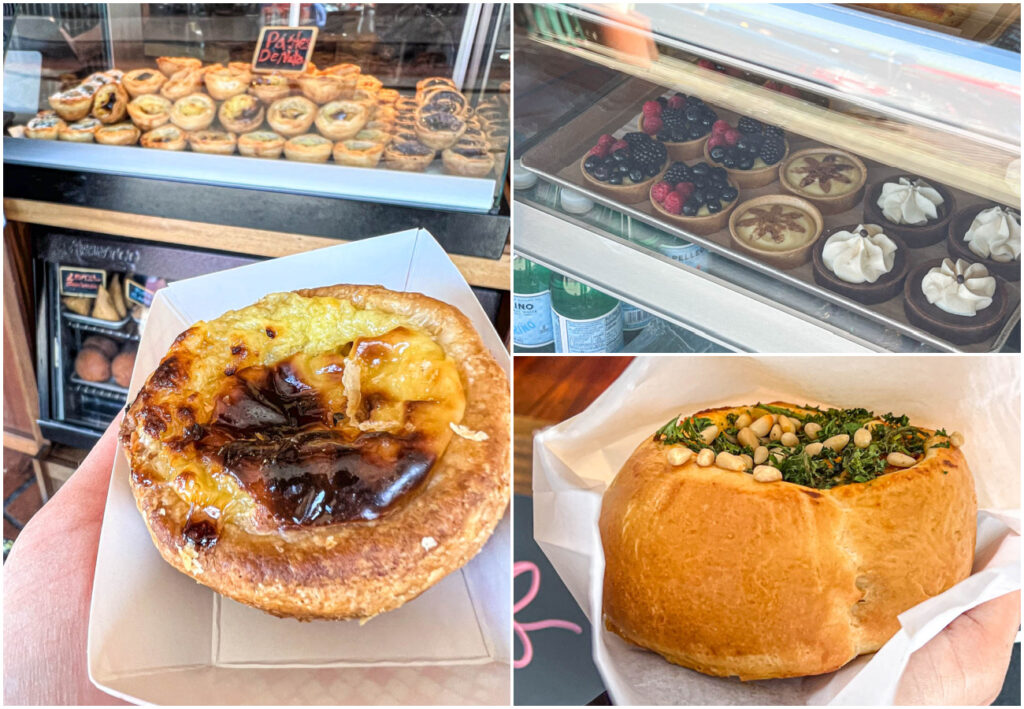Three photo collage of Pastel de Nata, tartlets on a shelf, and Shakshuka Roll from Lands of Origin.